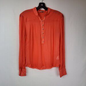 Guess Jeans Authentic Orange Sheer Long Slv 3/4 Button Womens Blouse Sz Small